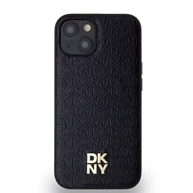 DKNY DKHMP14SPSHRPSK Funda rígida de piel con patrón monograma y logo metálico MagSafe para iPhone 13/14/15, negra