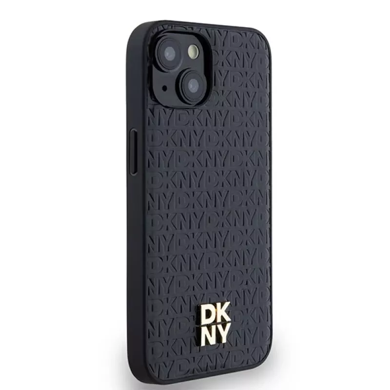 DKNY DKHMP14SPSHRPSK Funda rígida de piel con patrón monograma y logo metálico MagSafe para iPhone 13/14/15, negra