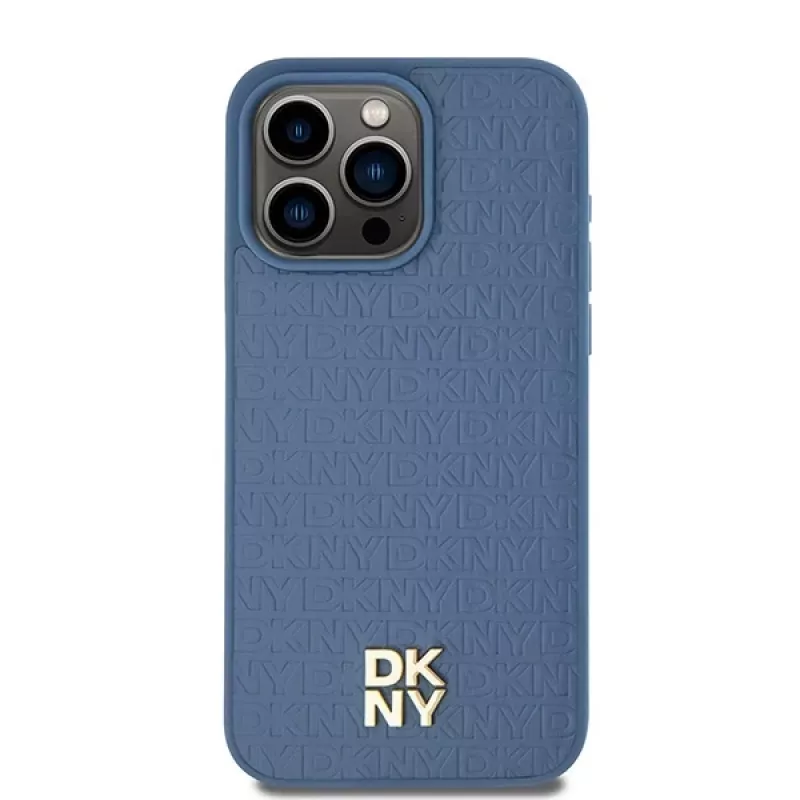DKNY DKHMP15XPSHRPSB Funda rígida de piel con patrón monograma y logo metálico MagSafe para iPhone 15 Pro Max 6,7