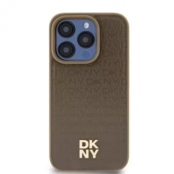 DKNY DKHMP14SPSHRPSW Funda rígida para iPhone 14/15/13, diseño de piel marrón con logo metálico, MagSafe