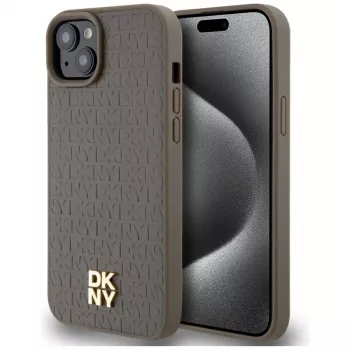 DKNY DKHMP15MPSHRPSW Funda rígida efecto piel con logo metálico, MagSafe para iPhone 15 Plus / 14 Plus 6,7