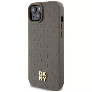 DKNY DKHMP15MPSHRPSW Funda rígida efecto piel con logo metálico, MagSafe para iPhone 15 Plus / 14 Plus 6,7