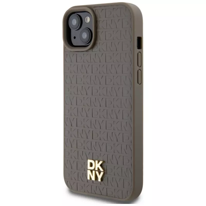 DKNY DKHMP15MPSHRPSW Funda rígida efecto piel con logo metálico, MagSafe para iPhone 15 Plus / 14 Plus 6,7