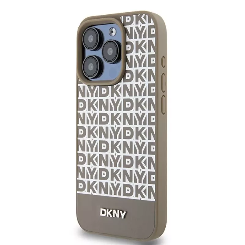 DKNY DKHMP15LPSOSPW Funda rígida para iPhone 15 Pro 6,1 inch de piel con patrón impreso marrón y logo metálico MagSafe