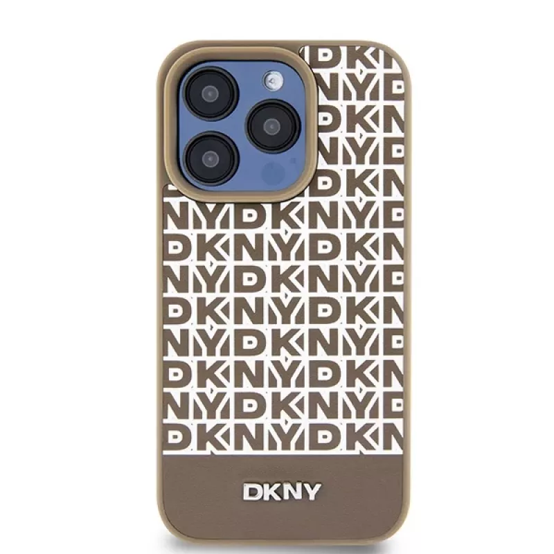 DKNY DKHMP15LPSOSPW Funda rígida para iPhone 15 Pro 6,1 inch de piel con patrón impreso marrón y logo metálico MagSafe