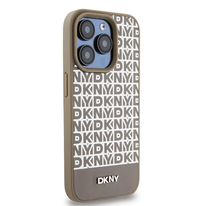 DKNY DKHMP15LPSOSPW Funda rígida para iPhone 15 Pro 6,1 inch de piel con patrón impreso marrón y logo metálico MagSafe