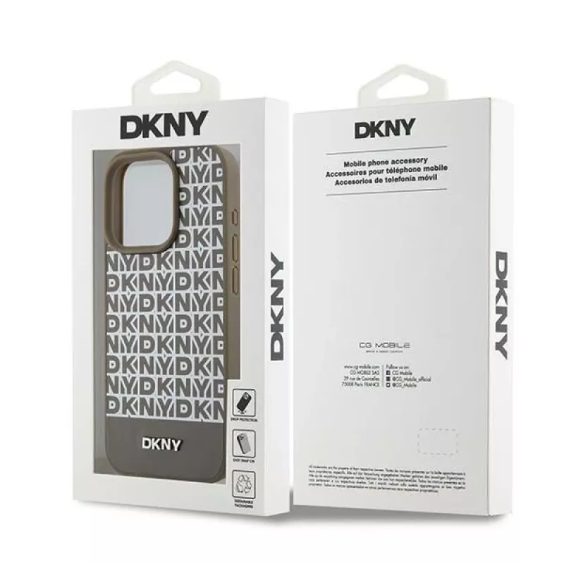 DKNY DKHMP15XPSOSPW Funda rígida de piel con patrón impreso y logo metálico MagSafe para iPhone 15 Pro Max 6,7