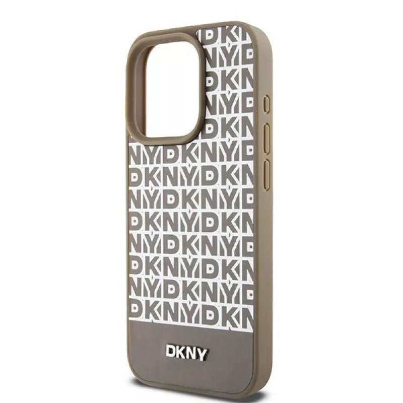 DKNY DKHMP15XPSOSPW Funda rígida de piel con patrón impreso y logo metálico MagSafe para iPhone 15 Pro Max 6,7