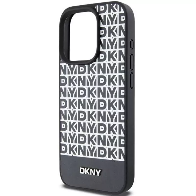 DKNY DKHMP15XPSOSPK Funda rígida de piel con patrón impreso y logo metálico MagSafe para iPhone 15 Pro Max 6,7