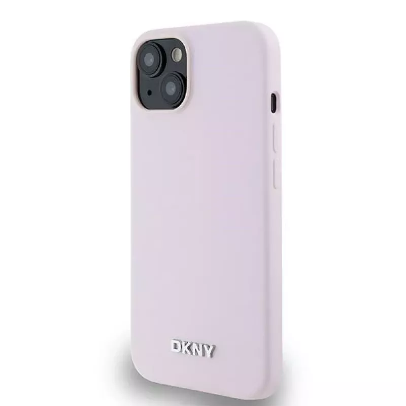 DKNY DKHMP14SSMCHLP Funda rígida de silicona líquida con logo metálico MagSafe para iPhone 13/14/15 6,1
