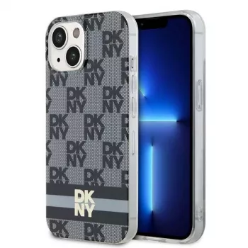 DKNY DKHMP14SHCPTSK Funda rígida para iPhone 14/15, Checkered Mono Pattern & Printed Stripes, negra, MagSafe