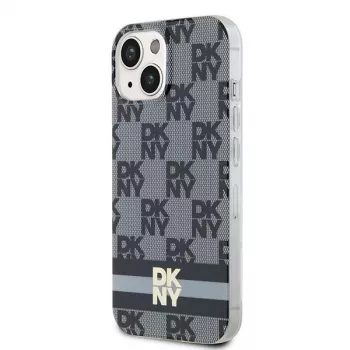 DKNY DKHMP14SHCPTSK Funda rígida para iPhone 14/15, Checkered Mono Pattern & Printed Stripes, negra, MagSafe