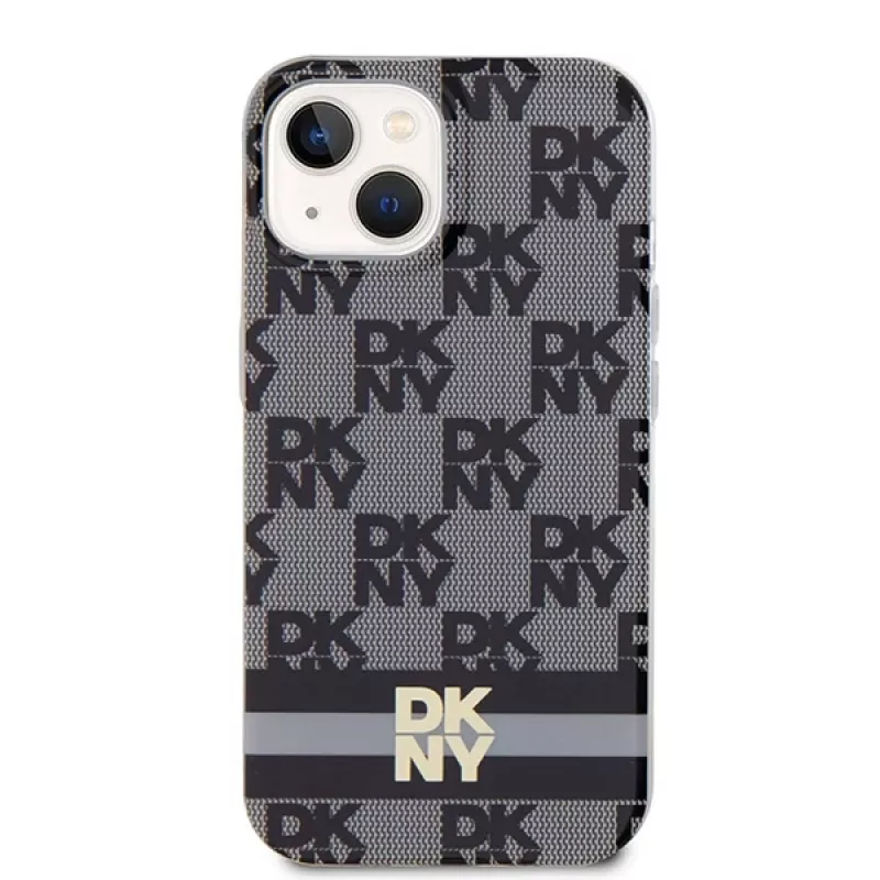 DKNY DKHMP14SHCPTSK Funda rígida para iPhone 14/15, Checkered Mono Pattern & Printed Stripes, negra, MagSafe