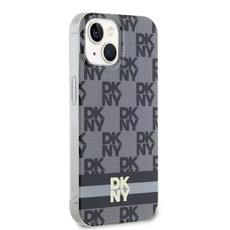 DKNY DKHMP14SHCPTSK Funda rígida para iPhone 14/15, Checkered Mono Pattern & Printed Stripes, negra, MagSafe