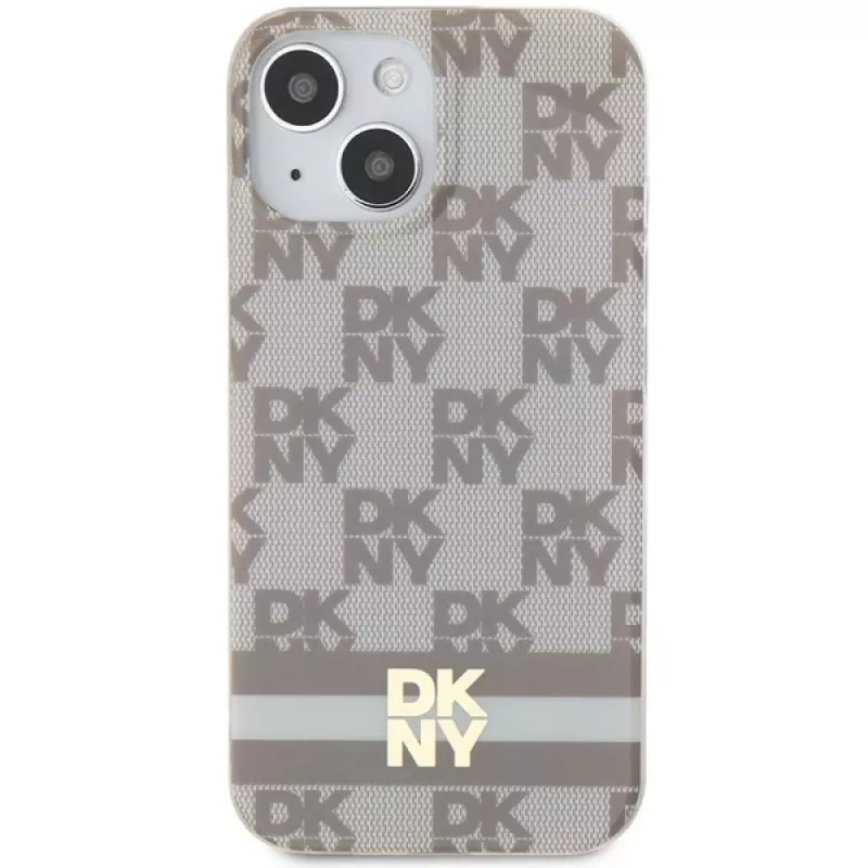 DKNY DKHMP15SHCPTSE Funda rígida para Apple iPhone 15 / 14 / 13 6,1 inch beige Checkered Mono Pattern & Printed Stripes MagSafe