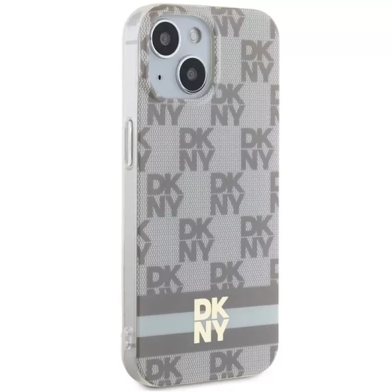 DKNY DKHMP15SHCPTSE Funda rígida para Apple iPhone 15 / 14 / 13 6,1 inch beige Checkered Mono Pattern & Printed Stripes MagSafe