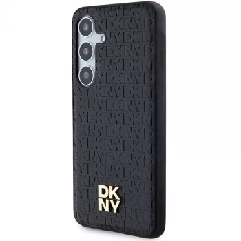 DKNY DKHMS24SPSHRPSK Funda rígida efecto piel logo metálico MagSafe para Samsung Galaxy S24, negra