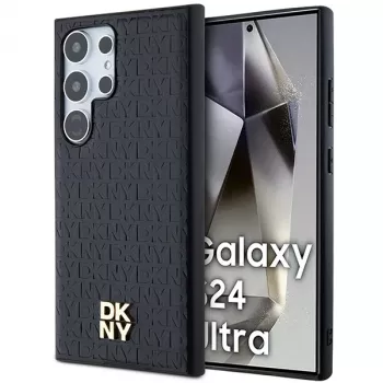 DKNY DKHMS24LPSHRPSK Funda rígida para Samsung Galaxy S24 Ultra, diseño de piel negra con logo metálico, compatible con MagSafe