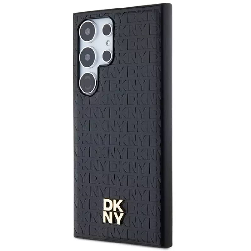 DKNY DKHMS24LPSHRPSK Funda rígida para Samsung Galaxy S24 Ultra, diseño de piel negra con logo metálico, compatible con MagSafe