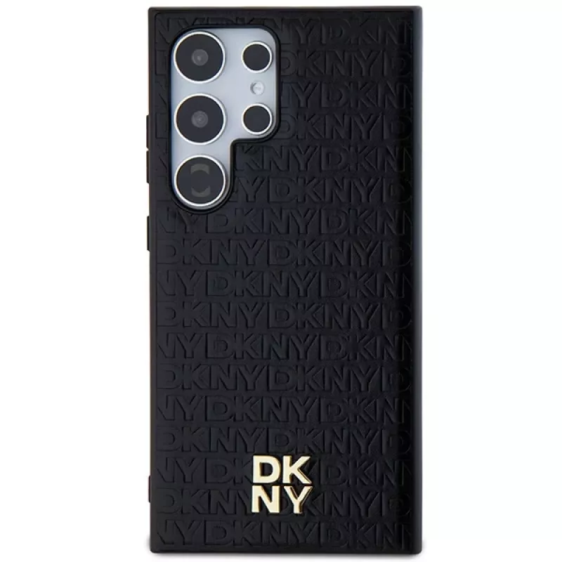 DKNY DKHMS24LPSHRPSK Funda rígida para Samsung Galaxy S24 Ultra, diseño de piel negra con logo metálico, compatible con MagSafe