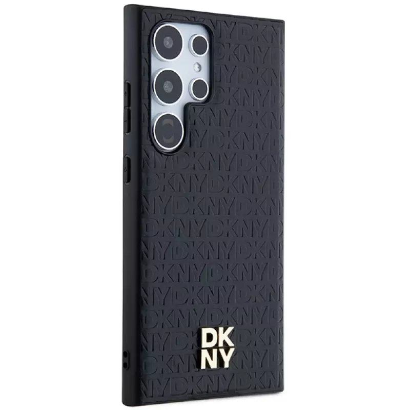 DKNY DKHMS24LPSHRPSK Funda rígida para Samsung Galaxy S24 Ultra, diseño de piel negra con logo metálico, compatible con MagSafe