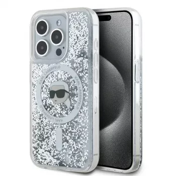Karl Lagerfeld KLHMP15LLGKISGH Funda rígida Liquid Glitter Karl Head MagSafe transparente para iPhone 15 Pro 6,1