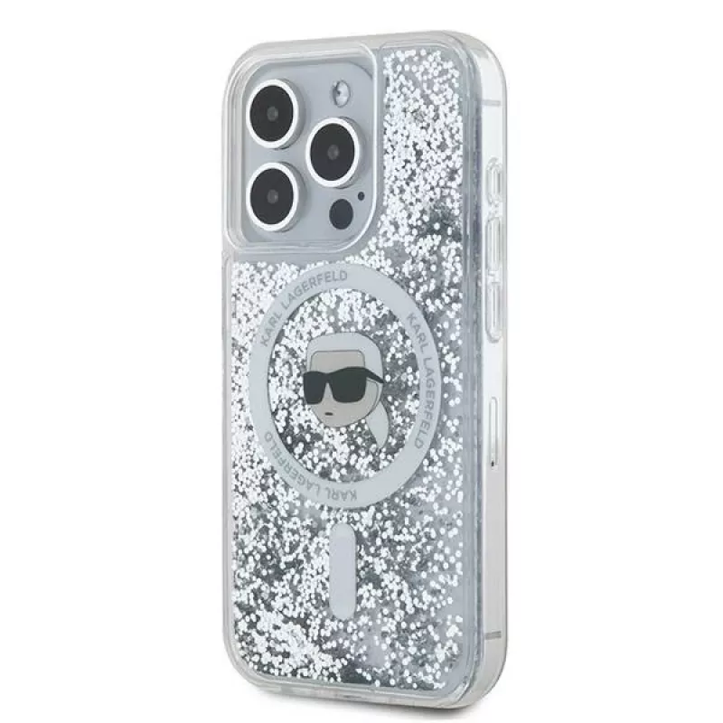 Karl Lagerfeld KLHMP15LLGKISGH Funda rígida Liquid Glitter Karl Head MagSafe transparente para iPhone 15 Pro 6,1