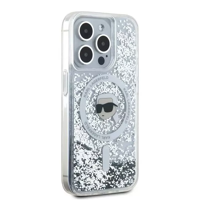 Karl Lagerfeld KLHMP15LLGKISGH Funda rígida Liquid Glitter Karl Head MagSafe transparente para iPhone 15 Pro 6,1