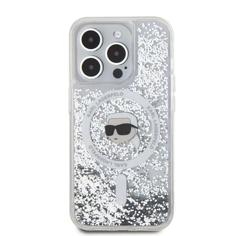 Karl Lagerfeld KLHMP15XLGKISGH Funda rígida Liquid Glitter Karl Head MagSafe transparente para iPhone 15 Pro Max 6,7