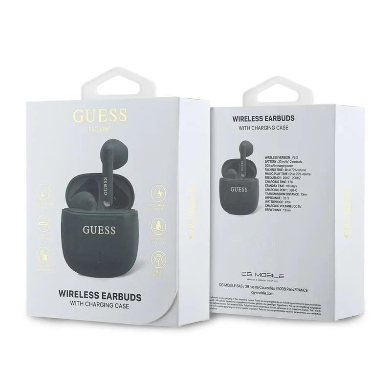 Guess GUTWSJ14ESGKTWS Auriculares inalámbricos True Wireless Bluetooth 5.3 in-ear con estuche de carga, negros, Classic Logo Print
