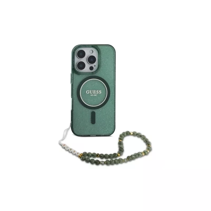 Guess Funda IML Glitter With Pearl Strap MagSafe para iPhone 16 Pro Max (verde)
