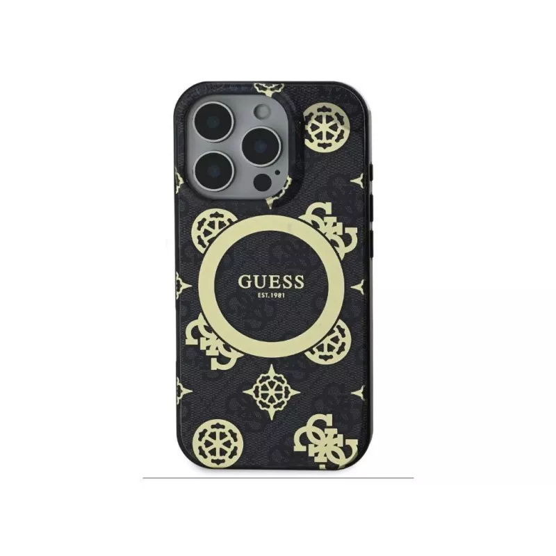 Guess GUHMP16LH4PYEEK Funda rígida IML Peony On 4G Background MagSafe negra para Apple iPhone 16 Pro 6,3
