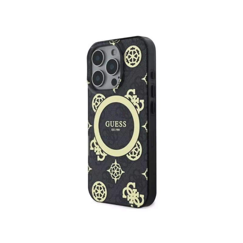 Guess GUHMP16LH4PYEEK Funda rígida IML Peony On 4G Background MagSafe negra para Apple iPhone 16 Pro 6,3