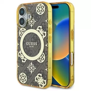 Guess GUHMP16SH4PYEEW Funda rígida para Apple iPhone 16 6,1 inch marrón Peony sobre fondo 4G MagSafe