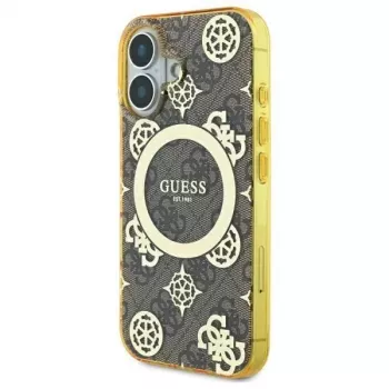 Guess GUHMP16SH4PYEEW Funda rígida para Apple iPhone 16 6,1 inch marrón Peony sobre fondo 4G MagSafe