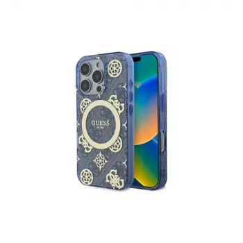Guess GUHMP16LH4PYEEB Funda rígida para iPhone 16 Pro 6,3 inch azul IML Peony sobre fondo 4G MagSafe