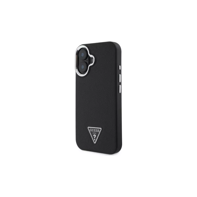 Guess GUHMP16SPGTSPSK Funda rígida para iPhone 16 negra Grained Triangle MagSafe