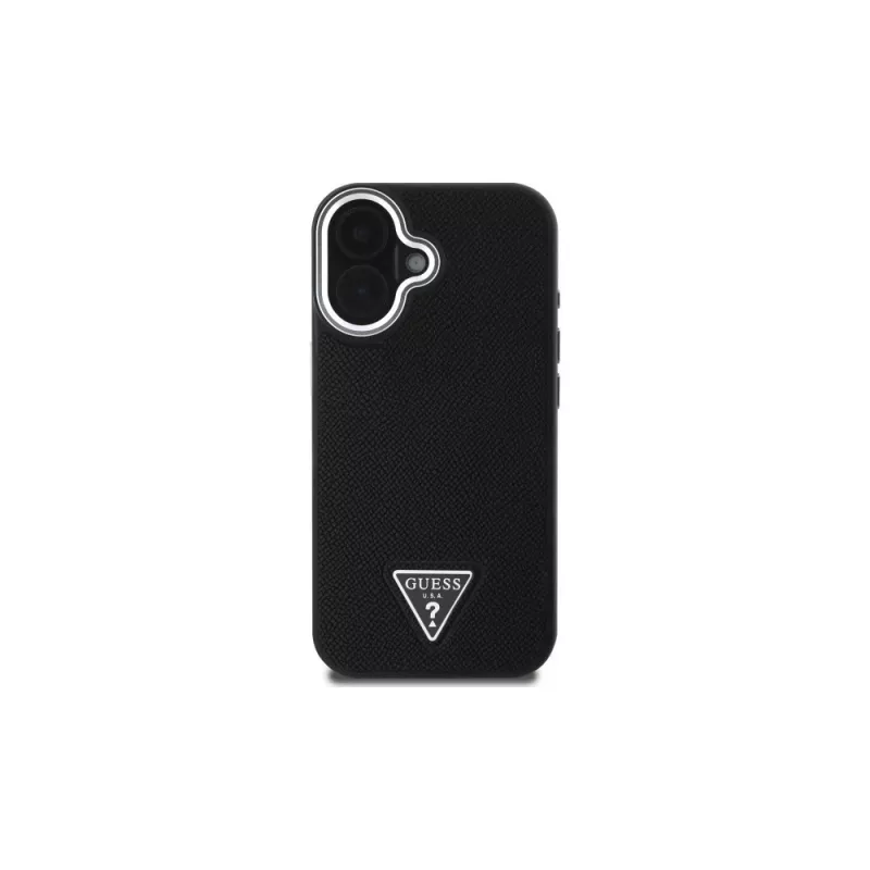 Guess GUHMP16SPGTSPSK Funda rígida para iPhone 16 negra Grained Triangle MagSafe