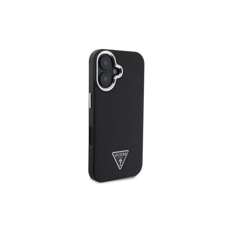 Guess GUHMP16SPGTSPSK Funda rígida para iPhone 16 negra Grained Triangle MagSafe