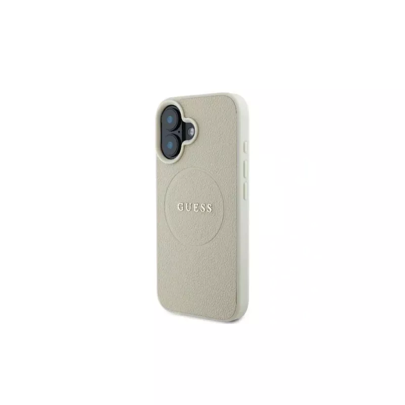 Guess GUHMP16SPGHSMME Funda rígida para iPhone 16 beige Grained Ring MagSafe