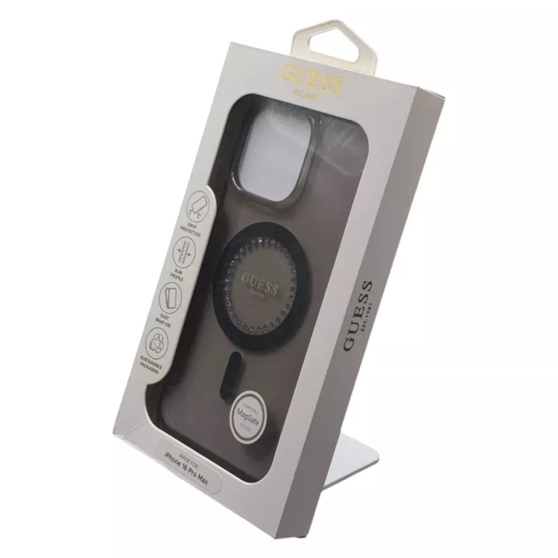 Guess Funda IML Rhinestones MagSafe para iPhone 16 Pro Max (negra)
