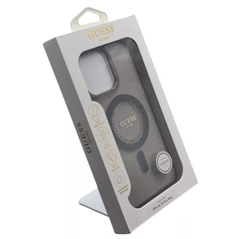 Guess Funda IML Rhinestones MagSafe para iPhone 16 Pro Max (negra)