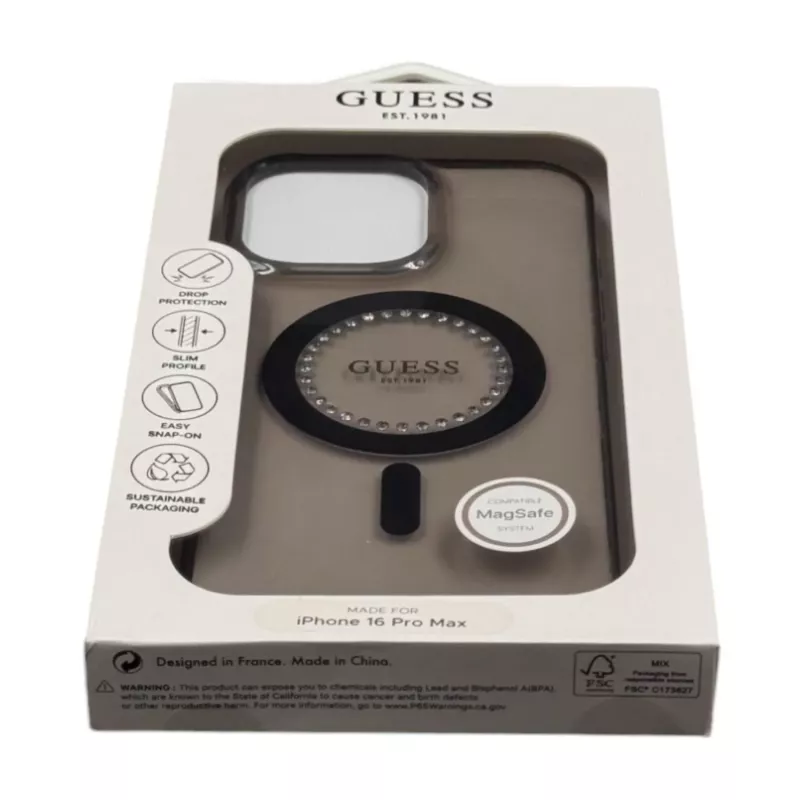 Guess Funda IML Rhinestones MagSafe para iPhone 16 Pro Max (negra)