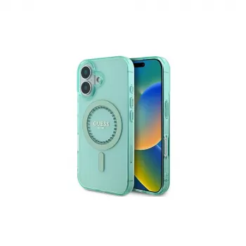 Guess GUHMP16SPFTDTEN Funda rígida para iPhone 16 6,1 inch verde IML Rhinestones MagSafe