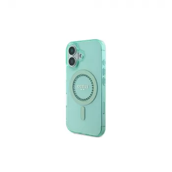 Guess GUHMP16SPFTDTEN Funda rígida para iPhone 16 6,1 inch verde IML Rhinestones MagSafe