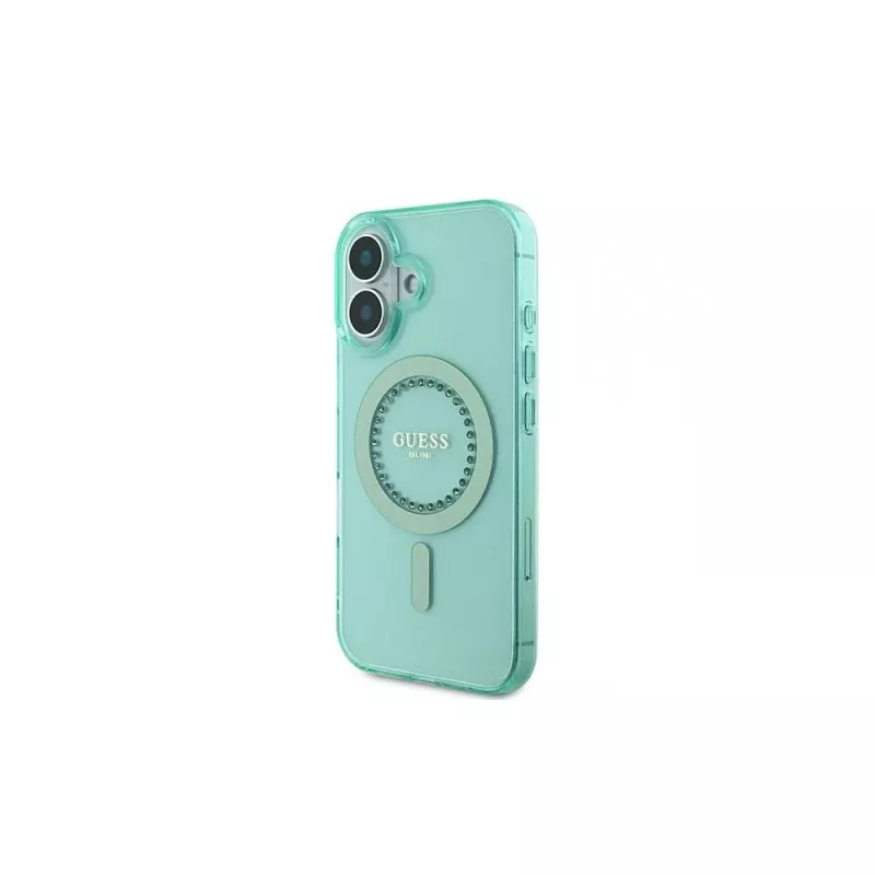 Guess Funda IML Rhinestones MagSafe para iPhone 16 Plus (verde)