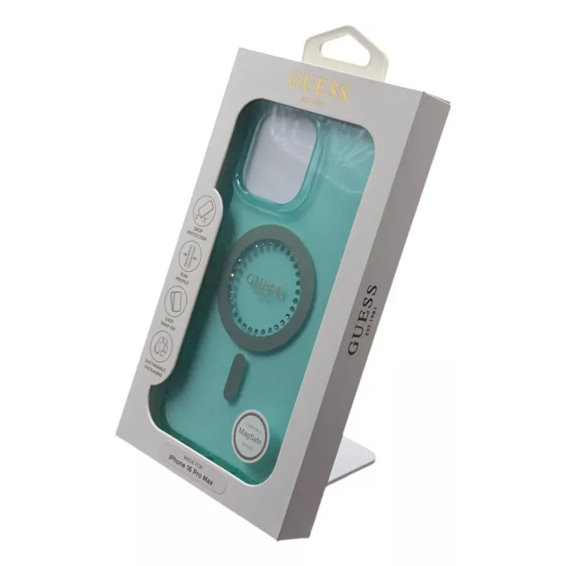 Guess Funda IML Rhinestones MagSafe para iPhone 16 Pro Max (verde)