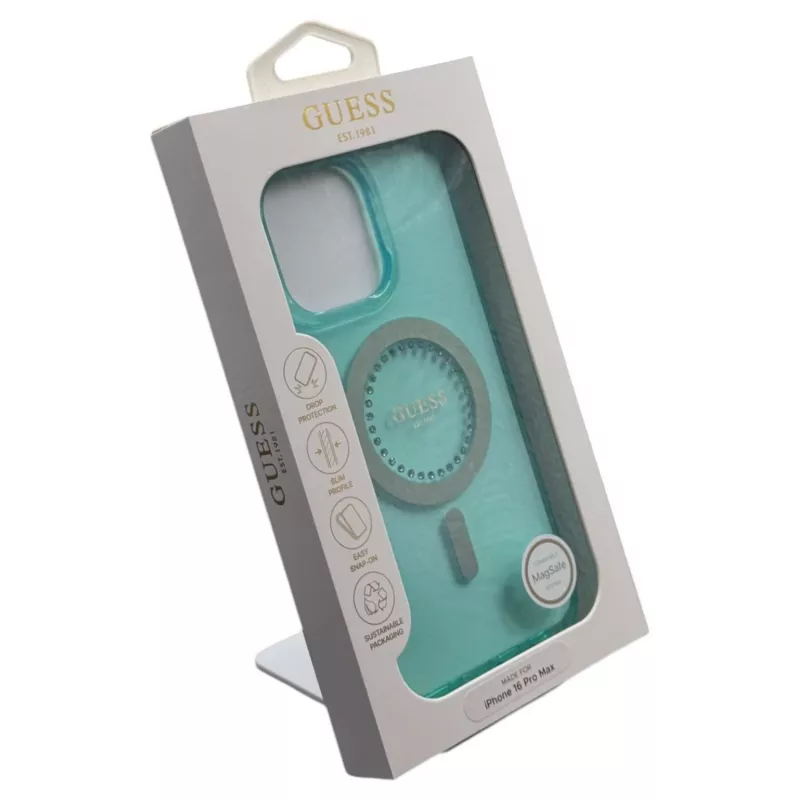 Guess Funda IML Rhinestones MagSafe para iPhone 16 Pro Max (verde)