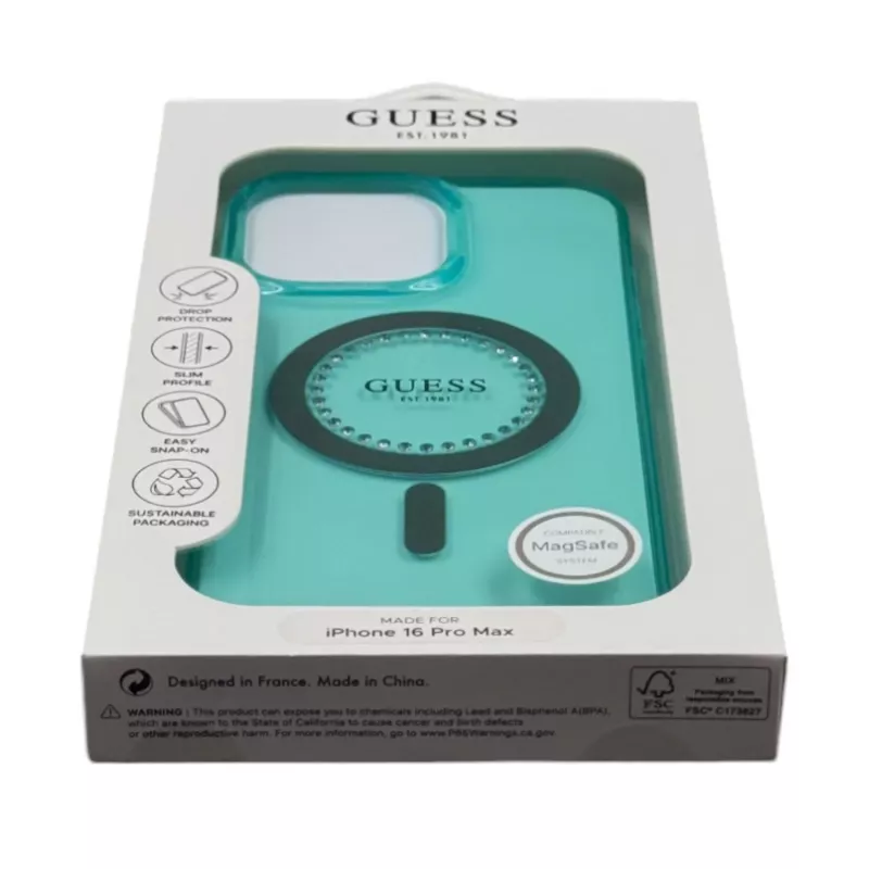 Guess Funda IML Rhinestones MagSafe para iPhone 16 Pro Max (verde)