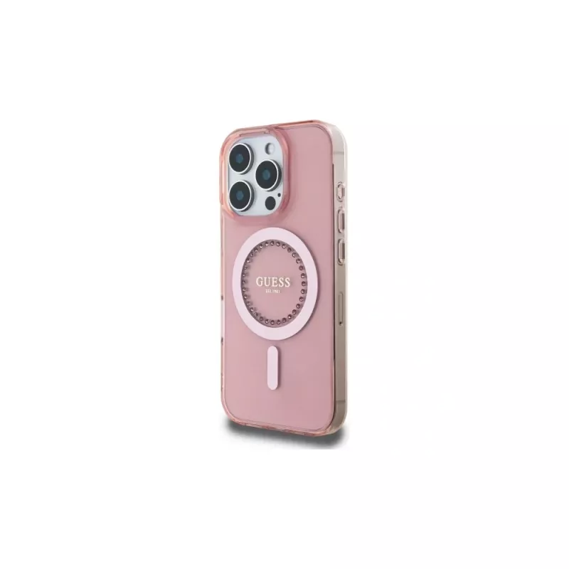 Guess GUHMP16LPFTDTEP Funda rígida IML Rhinestones MagSafe para iPhone 16 Pro 6,3